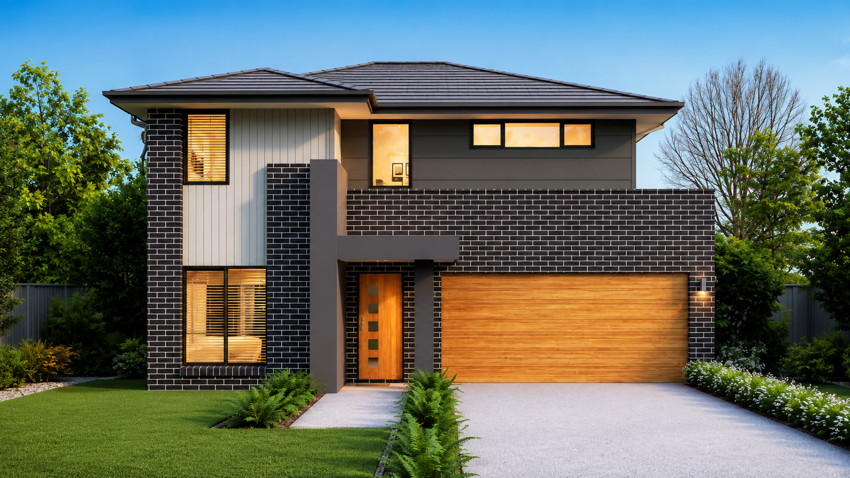 Dark-brick double-storey facade with vertical light cladding and a timber garage door