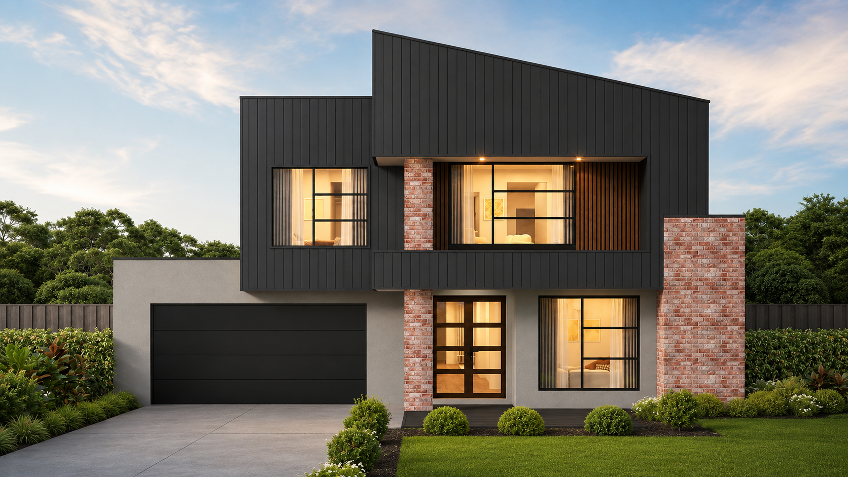 Angular charcoal double-storey facade with red-brick feature walls and a dark garage