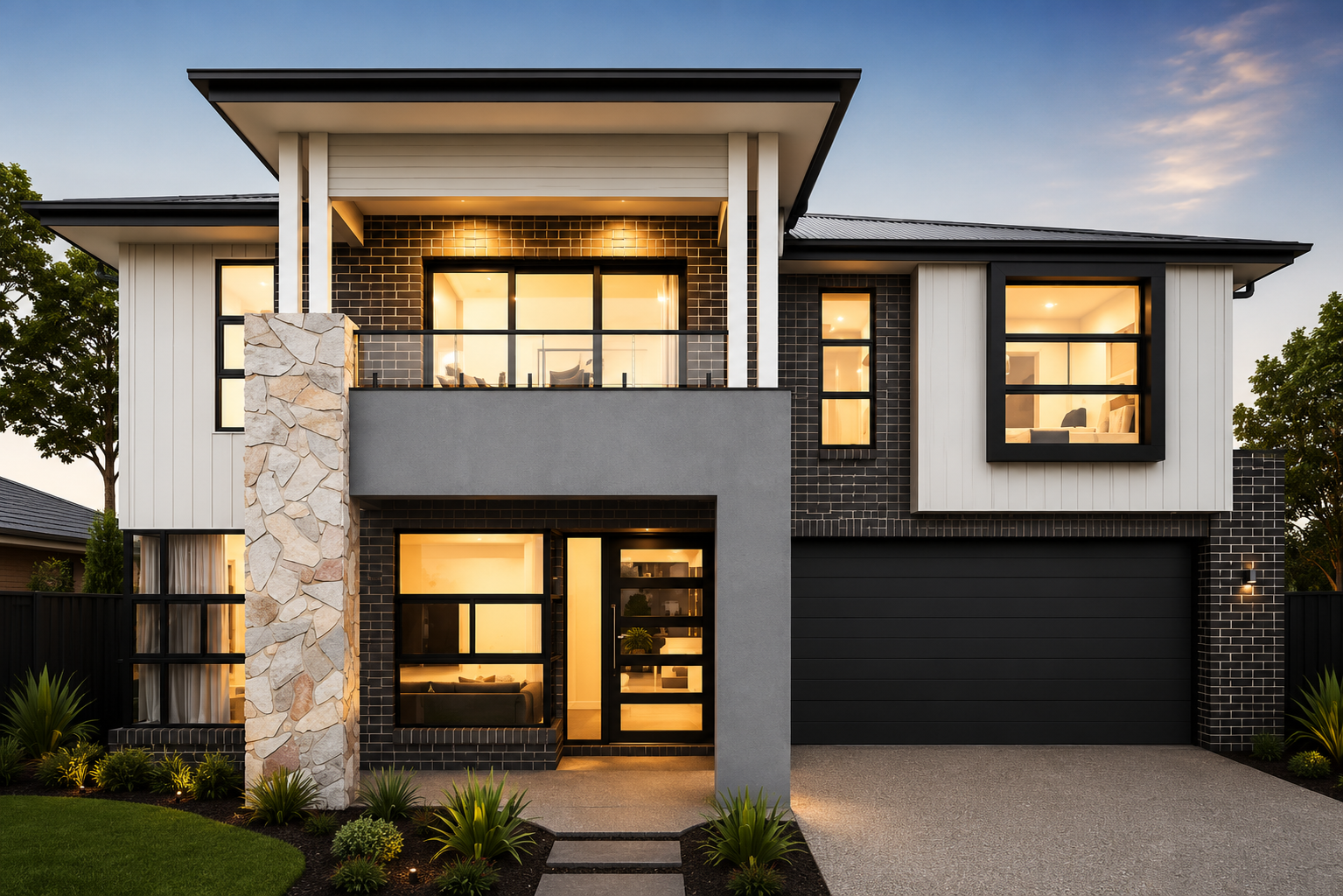 Layered double-storey facade with a stone-look blade, floating roof and black-framed windows