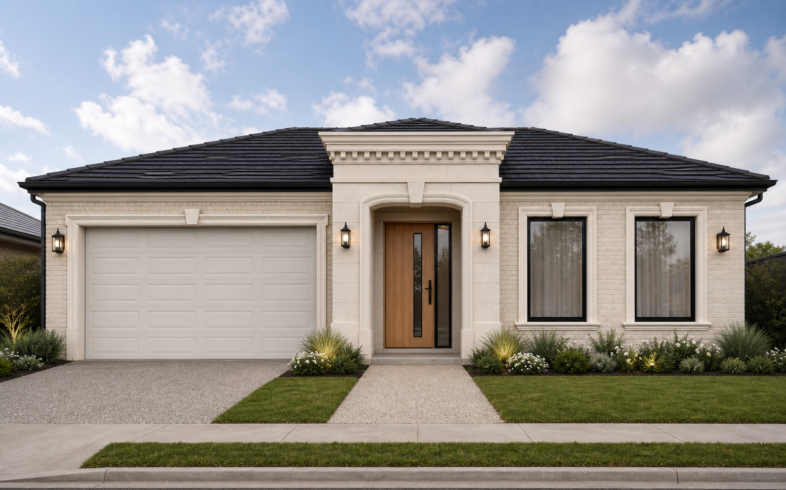 Cream-brick single-storey facade with a black tiled roof, classical entry and timber front door