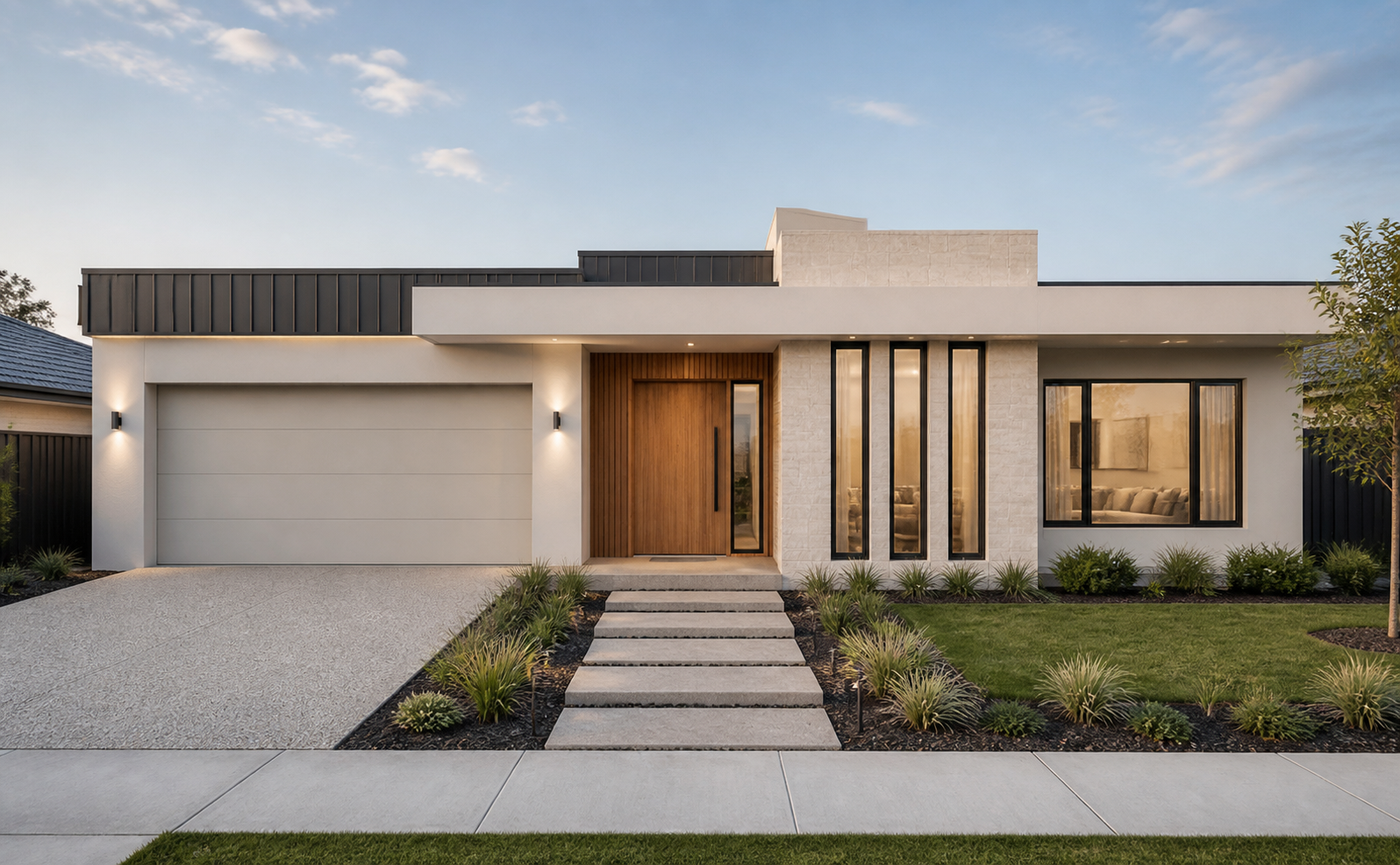 Contemporary single-storey facade with a flat roof, timber entry and slender black-framed windows