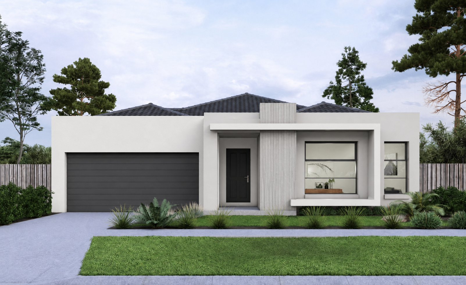 White-rendered single-storey facade with a charcoal garage, recessed entry and framed picture window