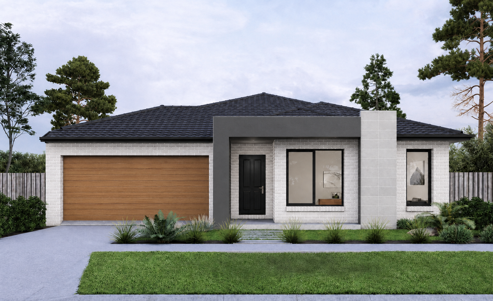 Pale-brick single-storey facade with a charcoal entry portal, stone-look feature blade and timber garage door