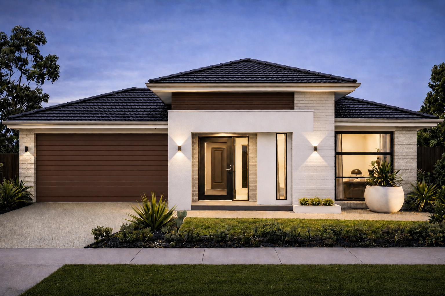 Pale-brick single-storey facade with a central framed entry, brown garage door and layered tiled roof