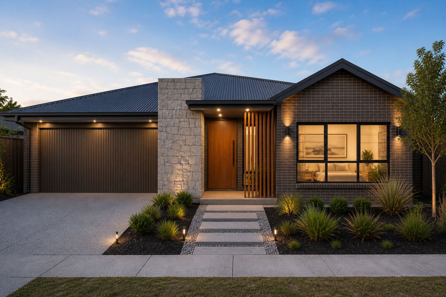 Dark-brick single-storey facade with a stone-look entry blade, timber screen and gabled roof