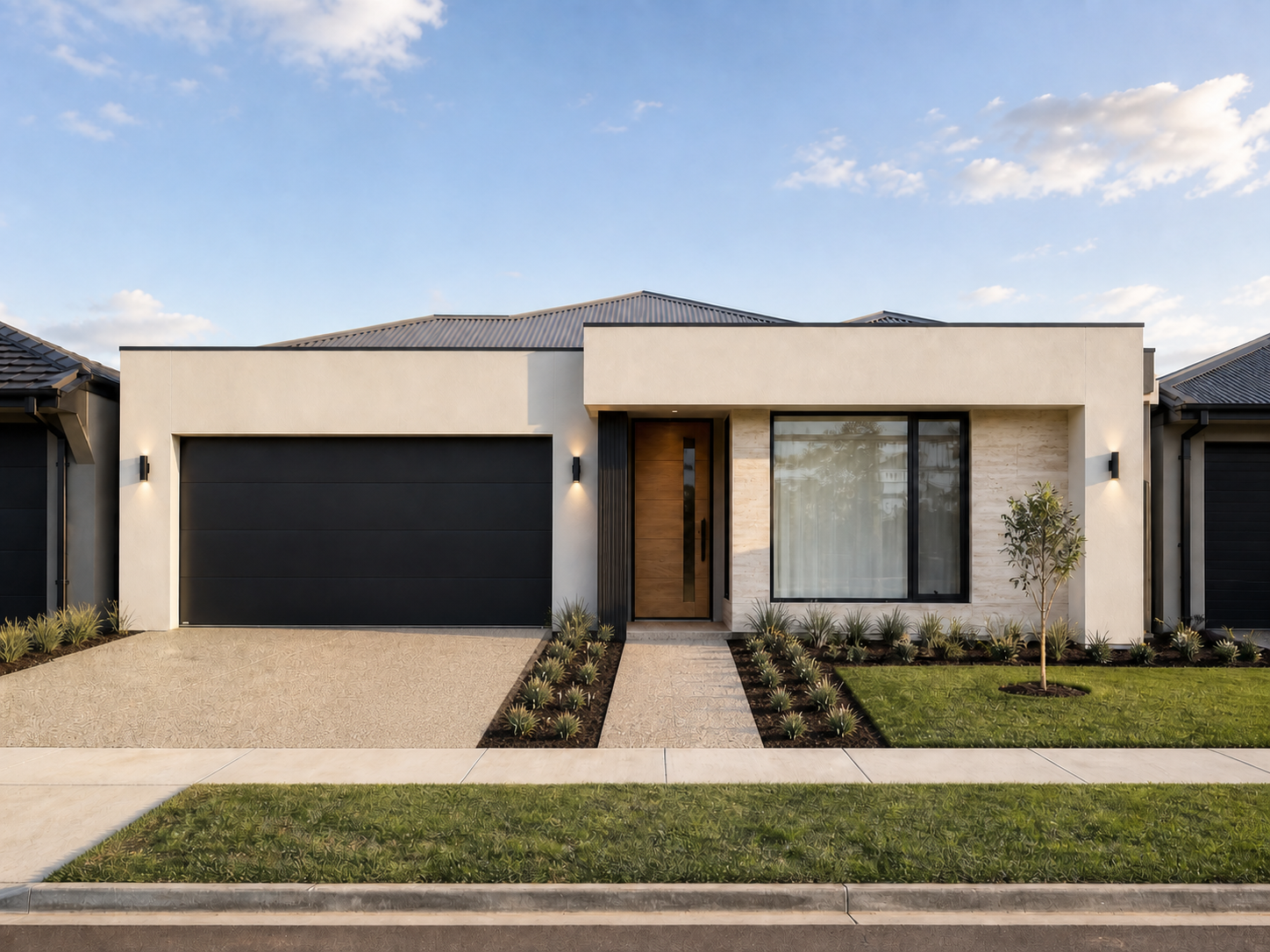 Minimalist white-rendered facade with a charcoal garage and timber-and-stone entry