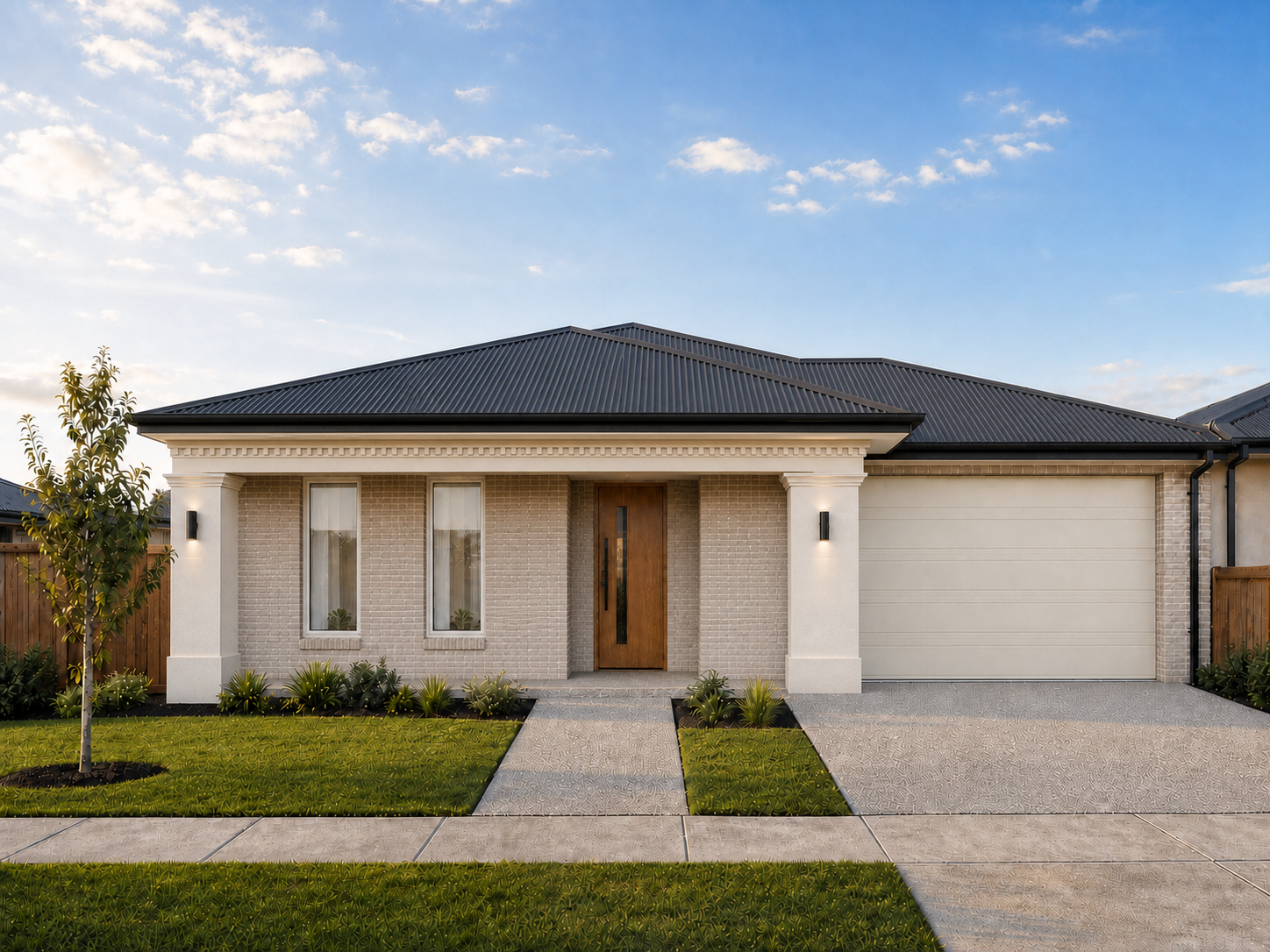 Pale-brick single-storey facade with an extended classical porch and timber front door