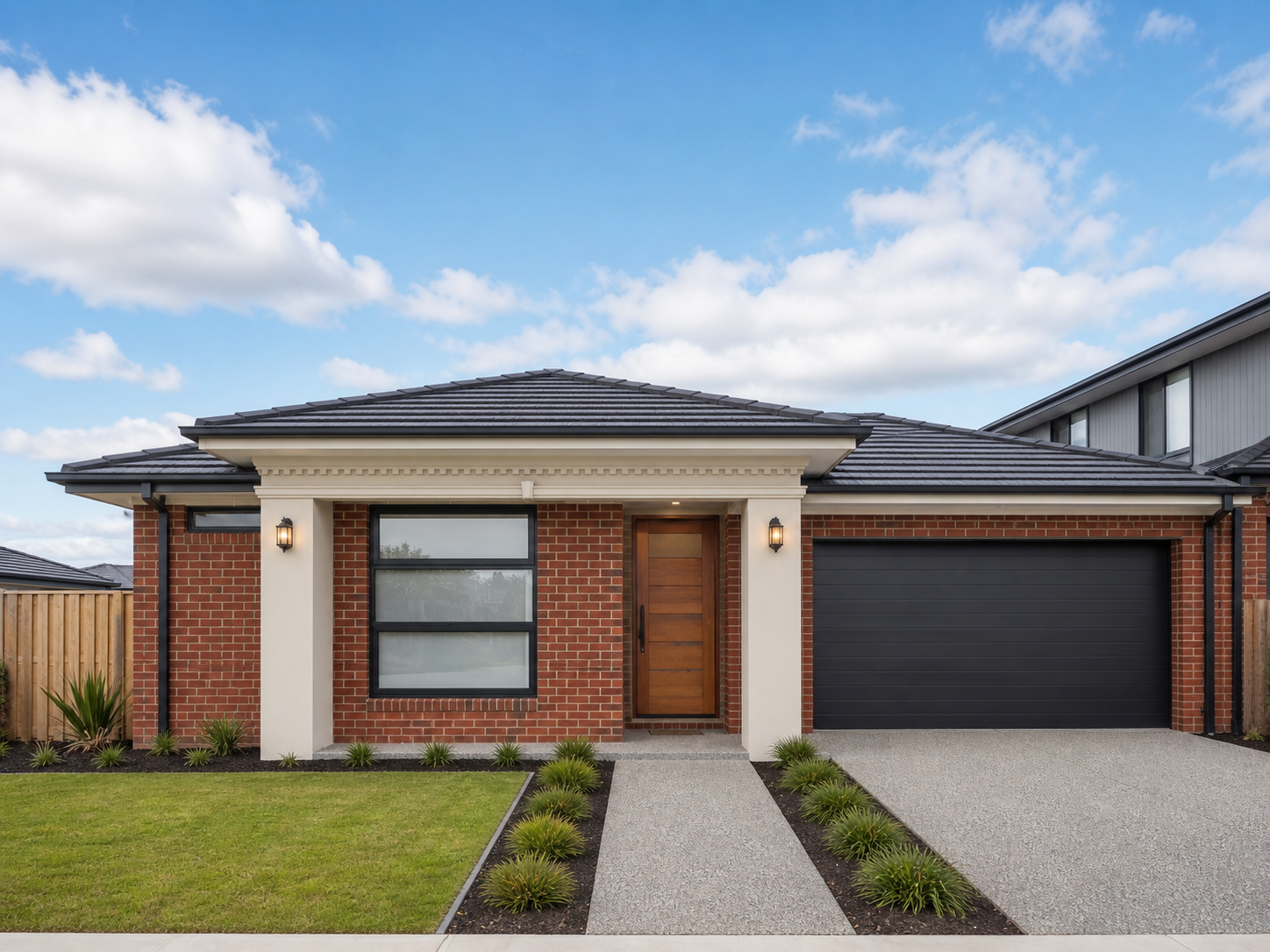 Red-brick single-storey facade with a classical white portico and charcoal garage