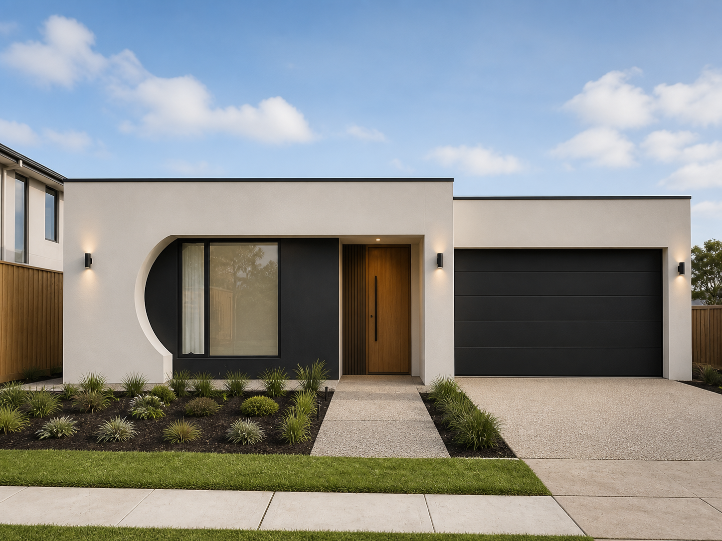 White-rendered single-storey facade with a curved window reveal and charcoal garage