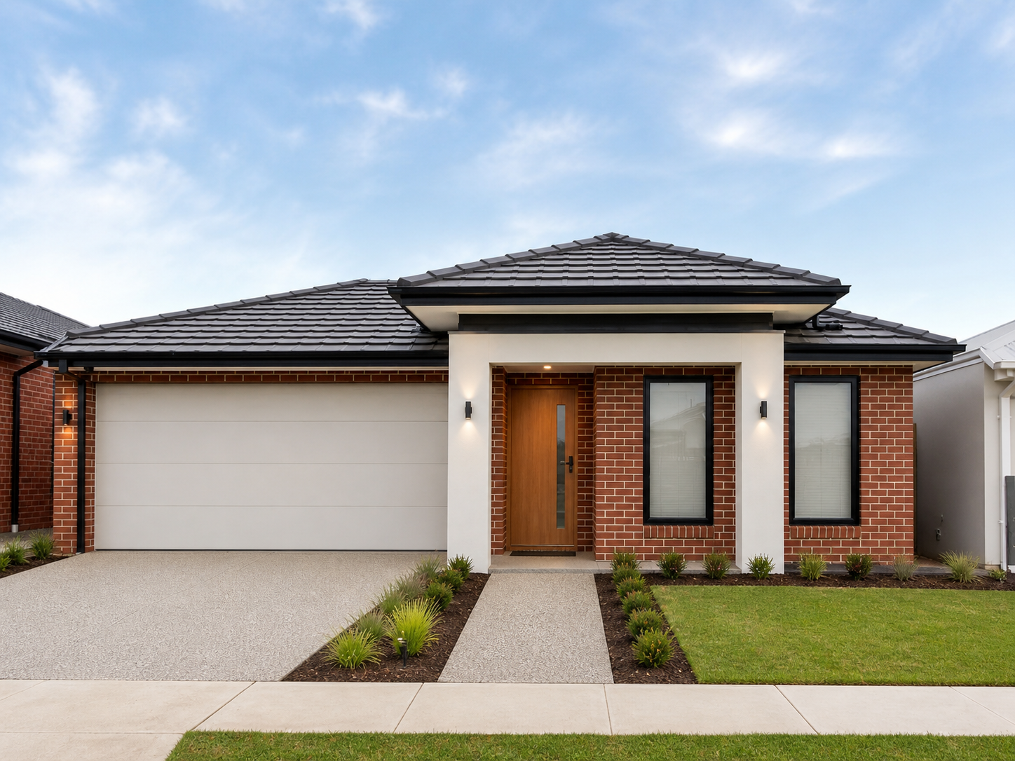 Red-brick single-storey facade with a white entry portal and timber front door