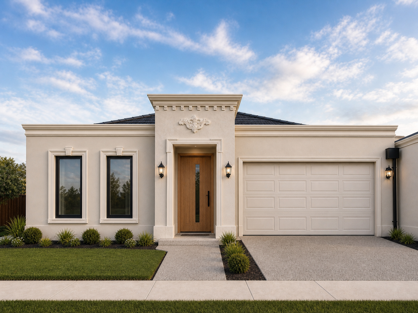 Ivory classical single-storey facade with a decorative entry tower, timber door and double garage