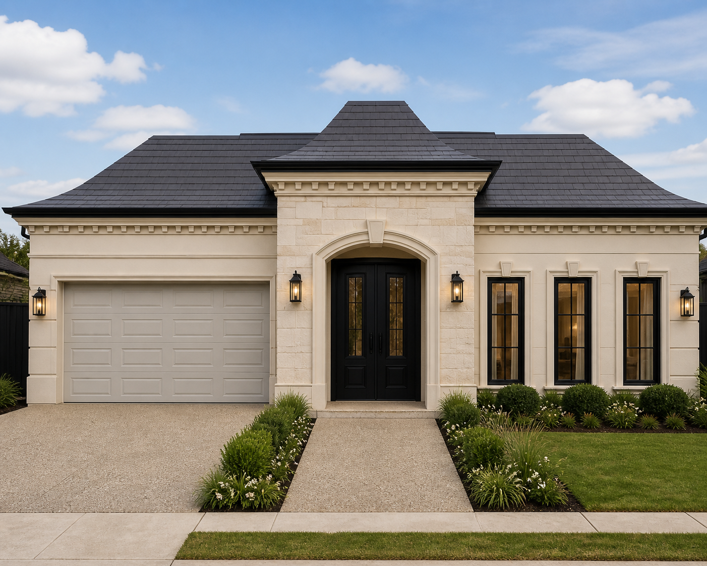 Grand pale stone-look single-storey facade with an arched entry and tall dark-framed windows