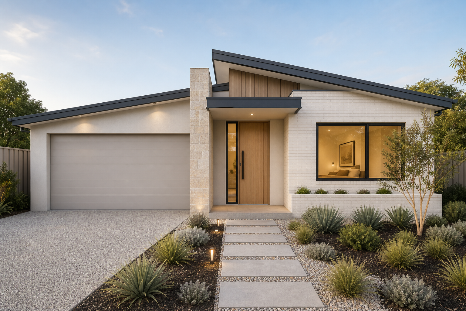Contemporary single-storey facade with an angled skillion roof, timber entry and pale brickwork