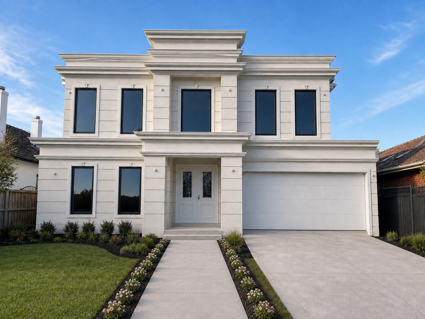 Ivory classical double-storey facade with layered cornices, tall dark-framed windows and a double garage