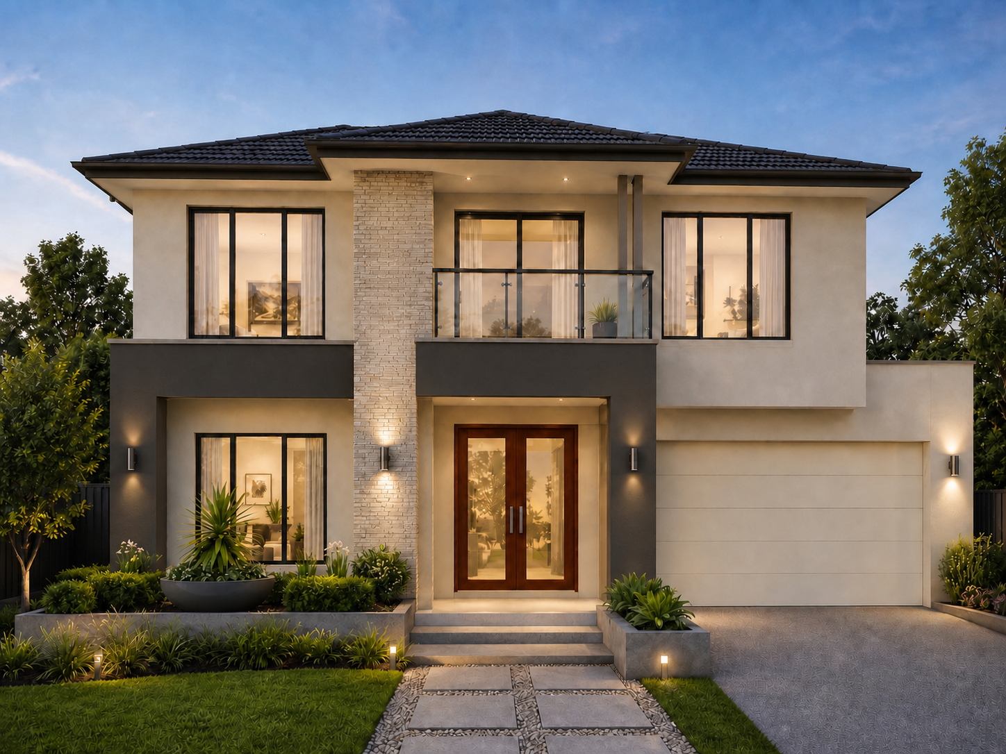 Symmetrical double-storey facade with a stone-look entry, glass balcony and timber double doors