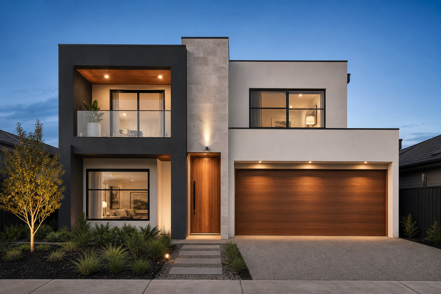 Geometric double-storey facade with a stone-look spine, charcoal balcony frame and timber garage