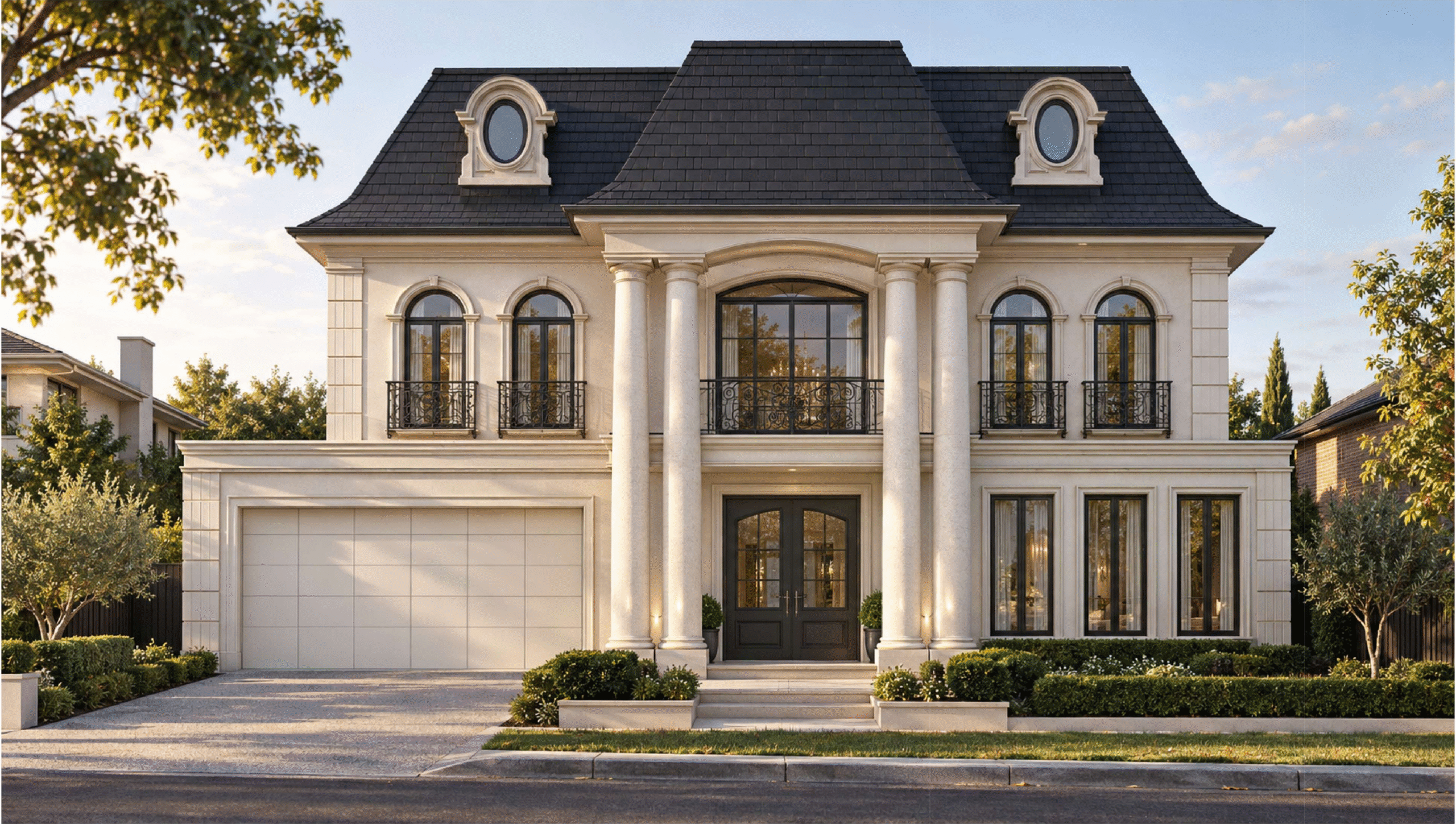 Geometric double-storey facade with a stone-look spine, charcoal balcony frame and timber garage