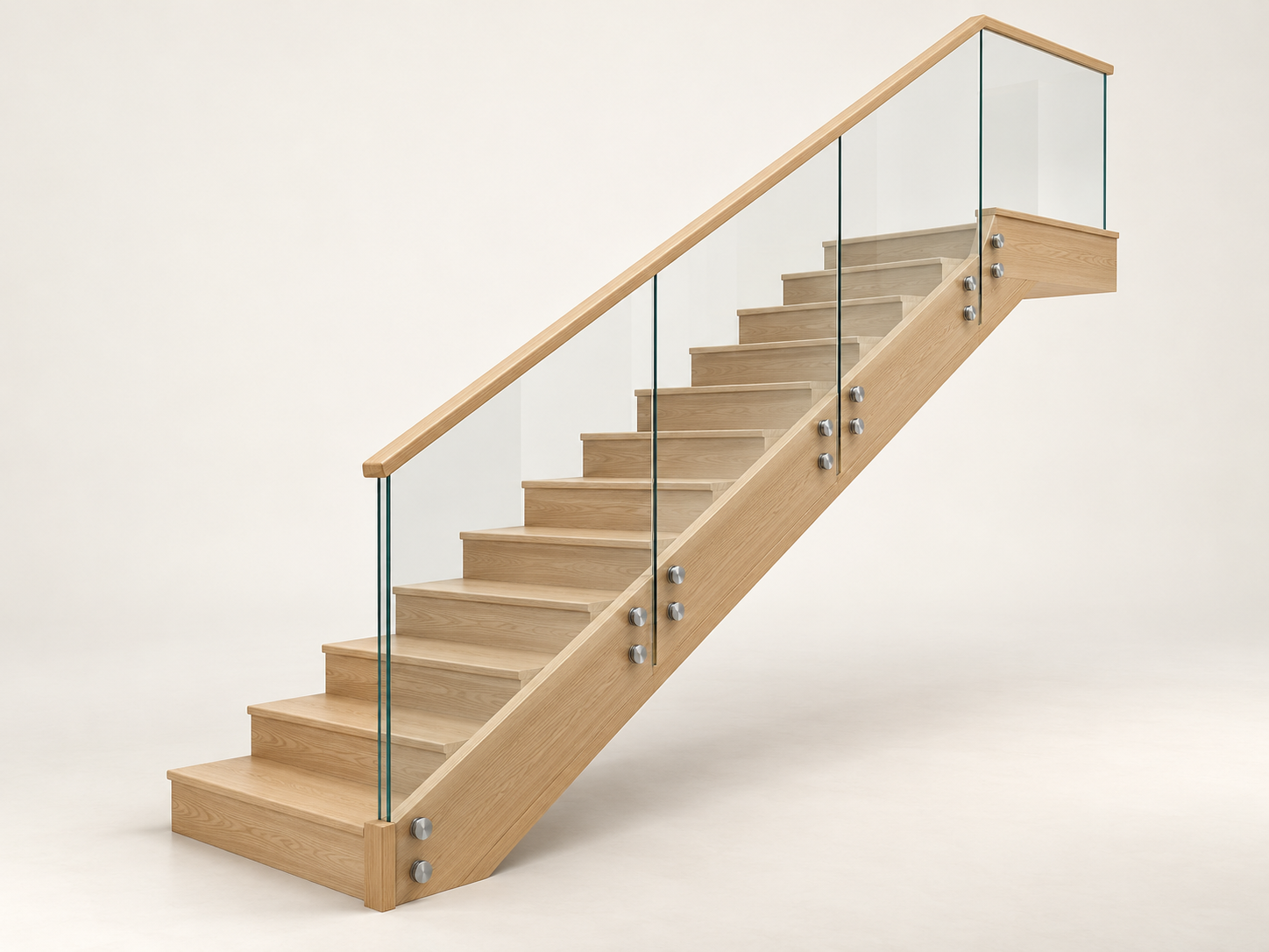 Illustrative design: Clear glass stair balustrade with oak handrail and discreet metal fixings