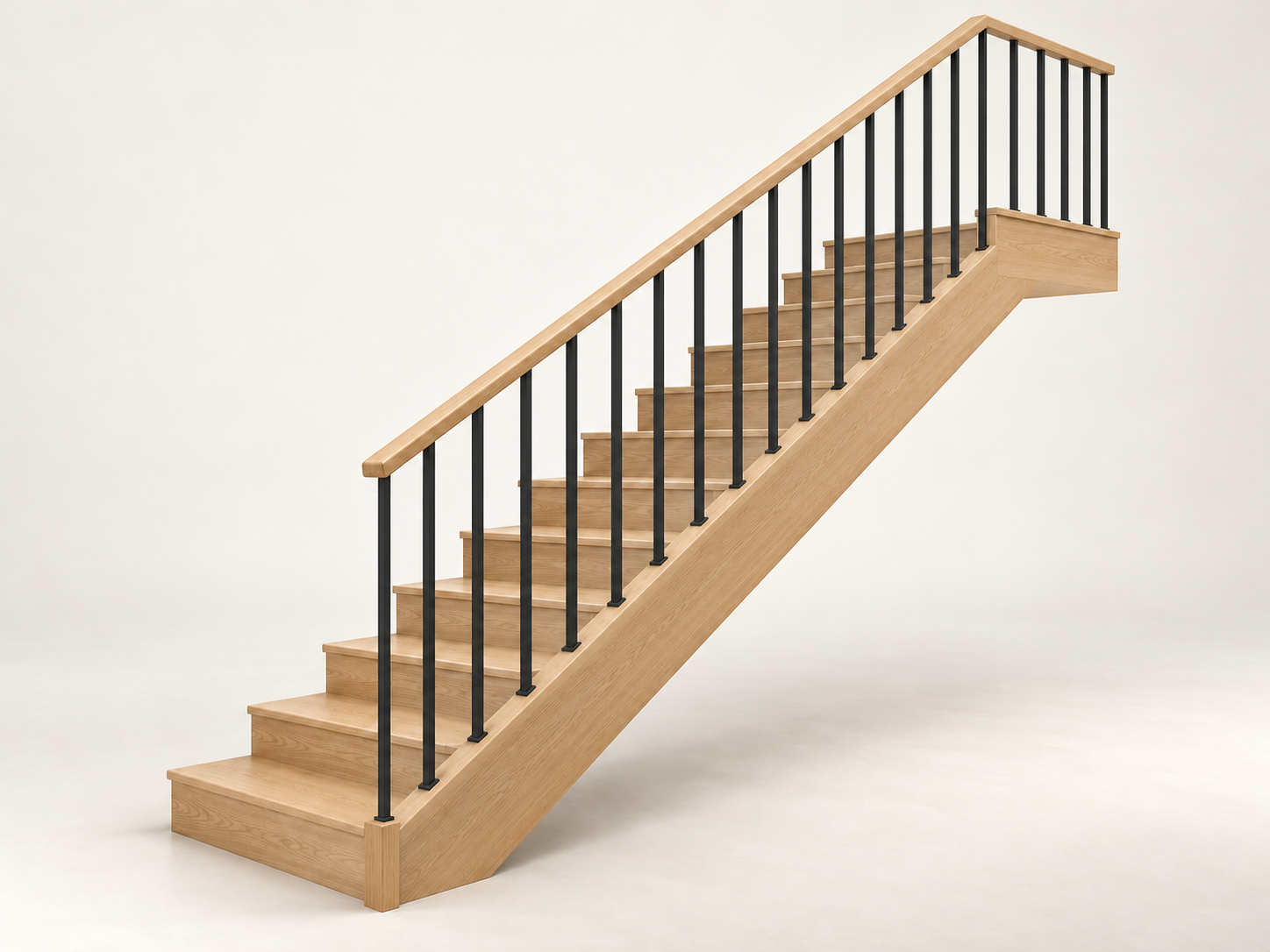 Illustrative design: Straight black metal balusters with oak handrail on a timber staircase