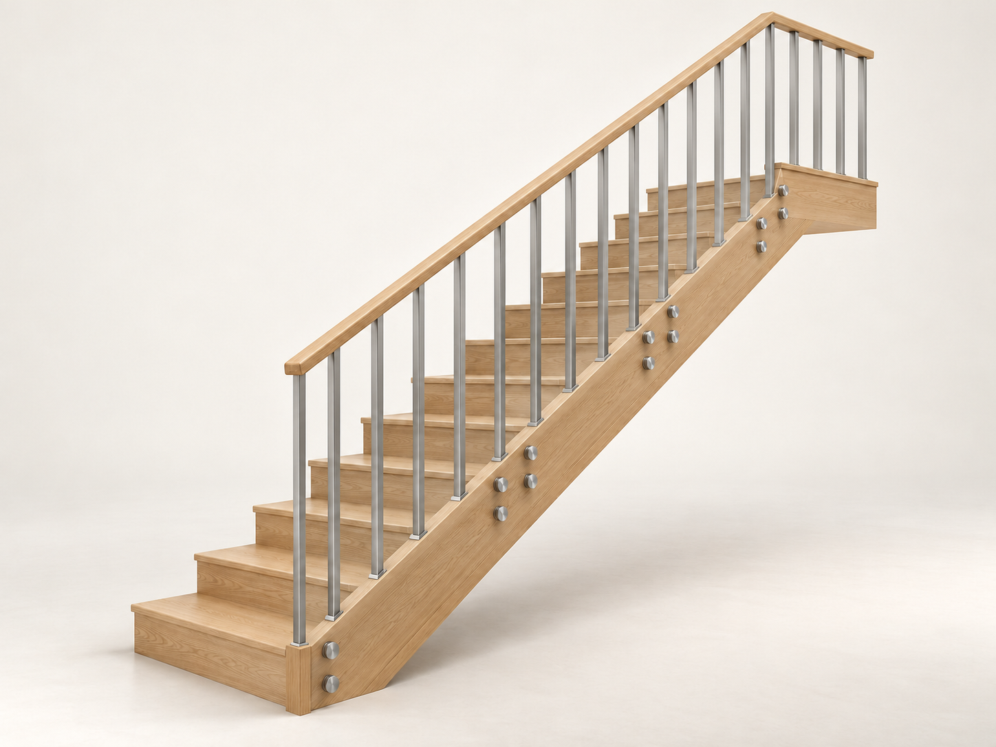 Illustrative design: Silver stainless steel balusters with oak handrail on a timber staircase