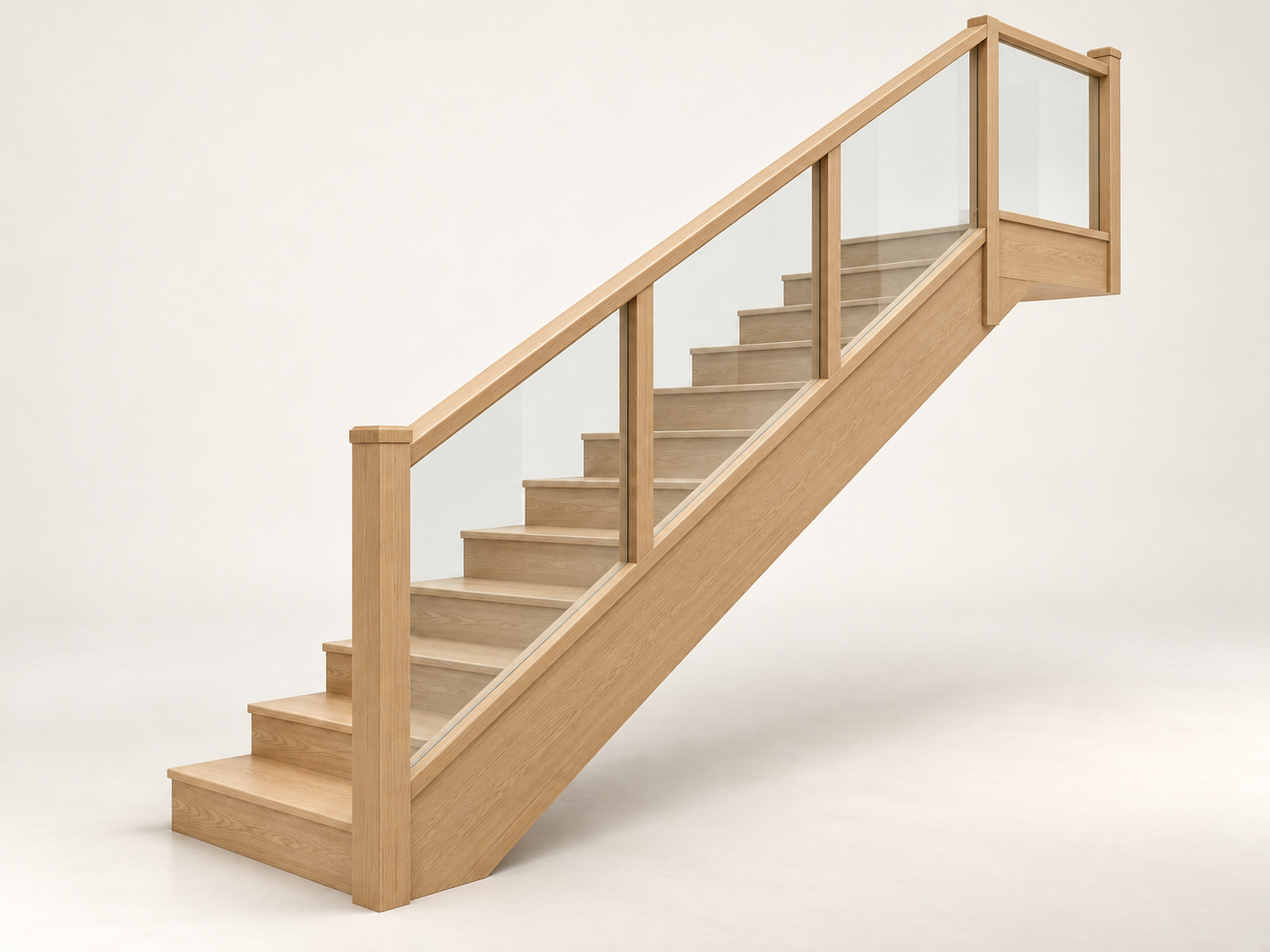 Illustrative design: Clear glass infill framed by oak posts and sloping timber rails