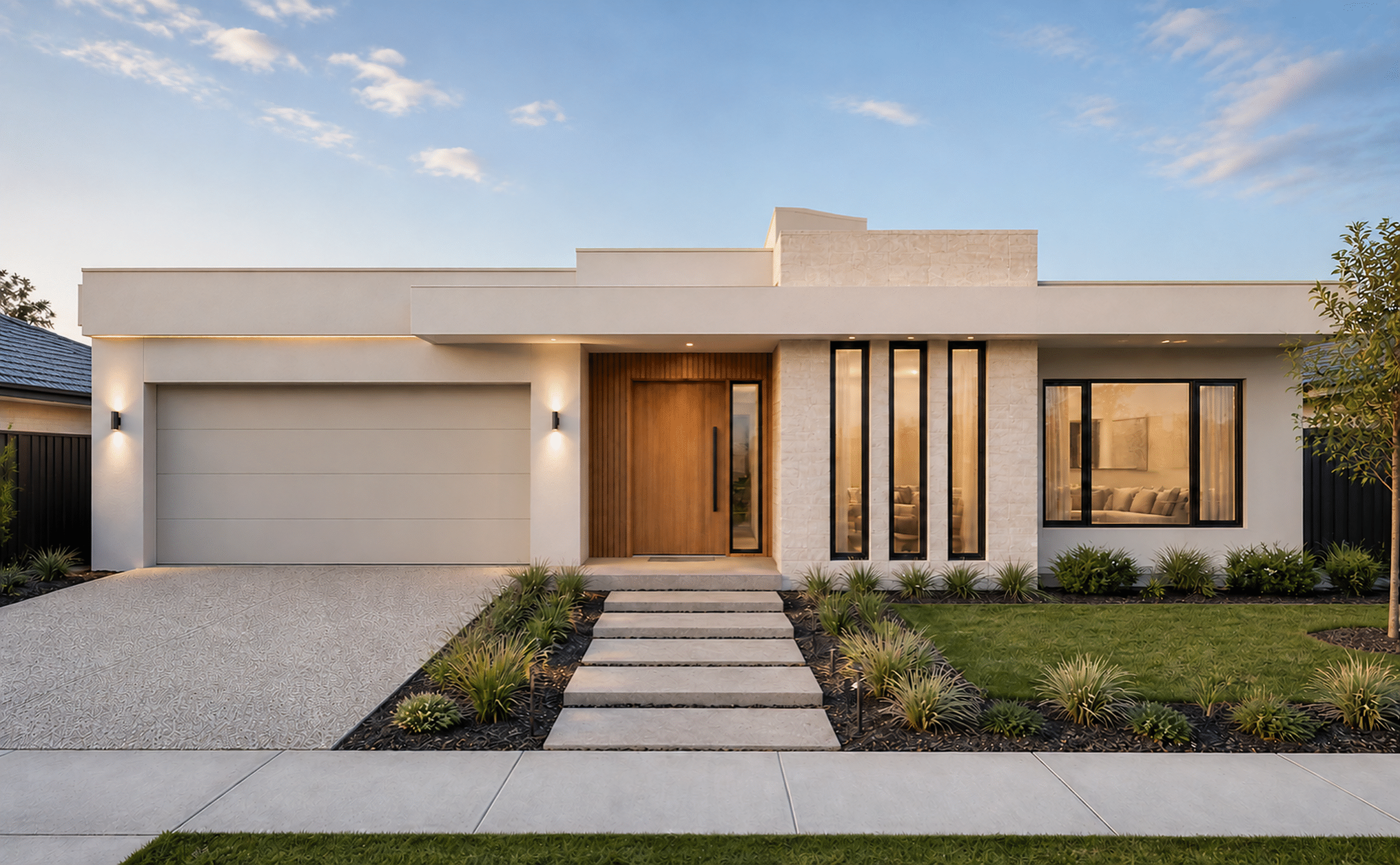 Contemporary single-storey facade with an off-white rendered roofline, timber entry, stone cladding and black-framed windows