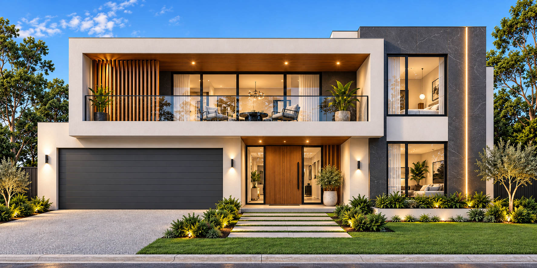 Modern double-storey facade with a framed glass balcony, timber screening, charcoal stone cladding and a dark double garage