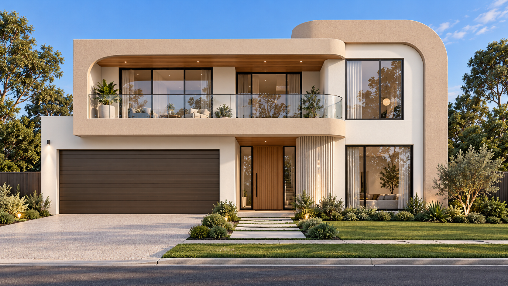 Contemporary double-storey facade with a curved sandstone feature frame, glass balcony, timber entrance and dark bronze double garage