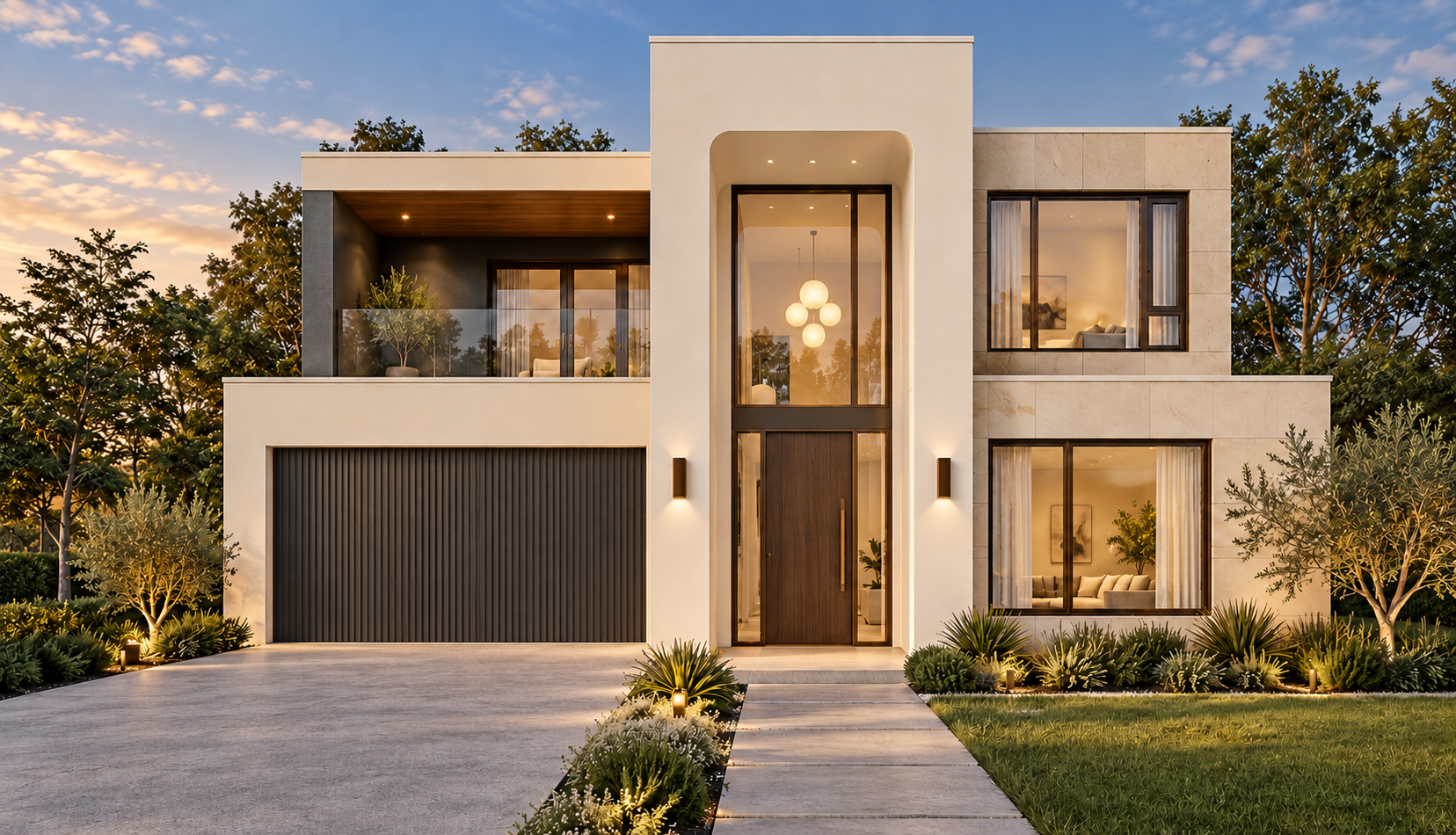 Contemporary double-storey facade with a soaring ivory entrance frame, limestone finishes, recessed glass balcony and charcoal garage door