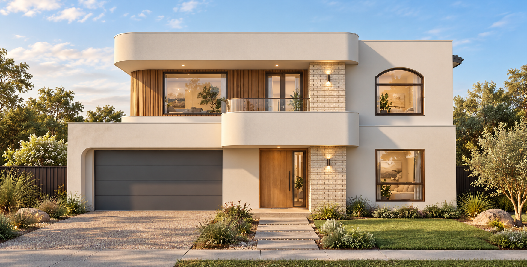 Refined contemporary double-storey facade with curved canopy, balcony, arched window and charcoal garage door